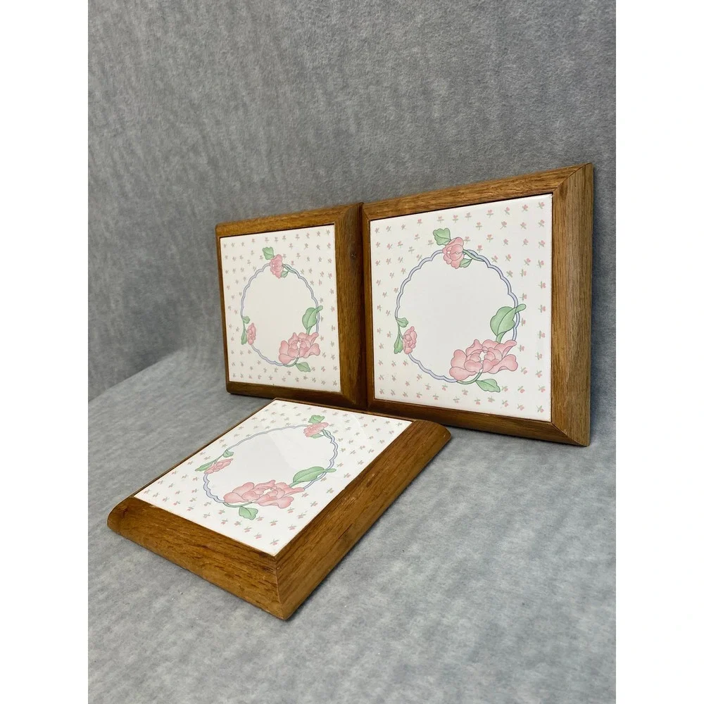 Set of 3 Vintage Floral Ceramic Tile Wood Trivets Hot Pad Retro Decor Grannycore